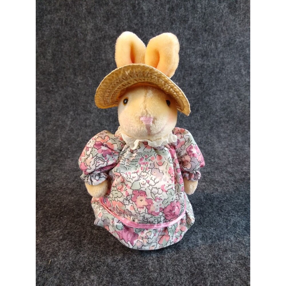 Avon Vintage Little Bunny Rabbit Floral Pink Dress Hat Plush Stuffed Animal 5 in